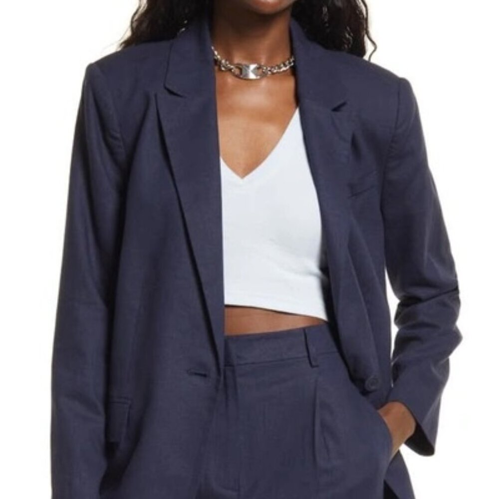 Open Edit Navy Blue Oversize Linen Blend Blazer